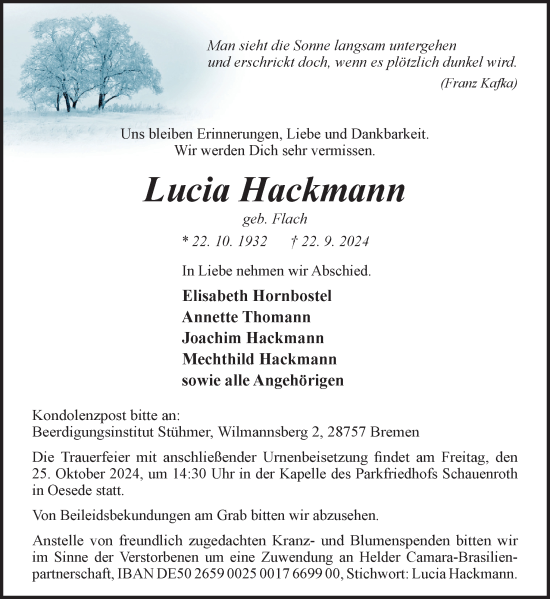 Traueranzeige von Lucia Hackmann von Neue Osnabrücker Zeitung GmbH & Co. KG