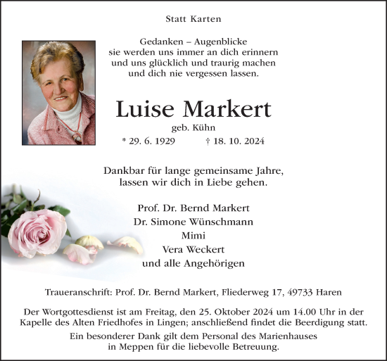 Traueranzeige von Luise Markert von Neue Osnabrücker Zeitung GmbH & Co. KG