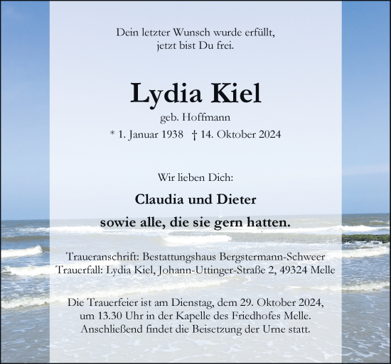 Traueranzeige von Lydia Kiel von Neue Osnabrücker Zeitung GmbH & Co. KG