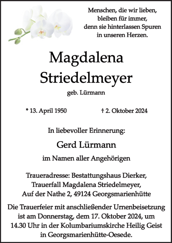 Traueranzeige von Maggdalena Striedelmeyer von Neue Osnabrücker Zeitung GmbH & Co. KG