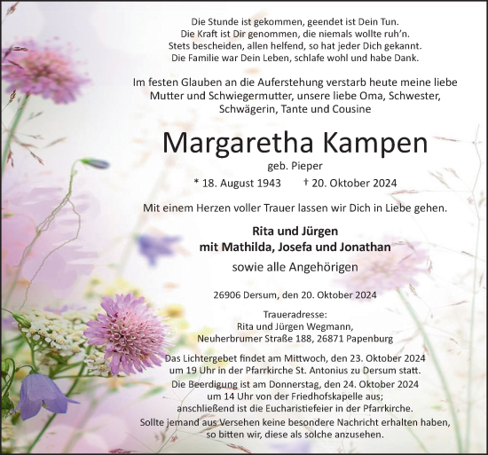 Traueranzeige von Margaretha Kampen von Neue Osnabrücker Zeitung GmbH &amp; Co. KG