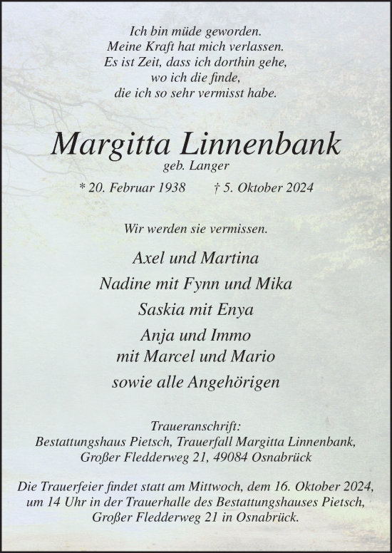 Traueranzeige von Margitta Linnenbank von Neue Osnabrücker Zeitung GmbH & Co. KG