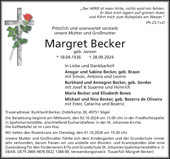 Traueranzeige von Margret Becker von Neue Osnabrücker Zeitung GmbH & Co. KG