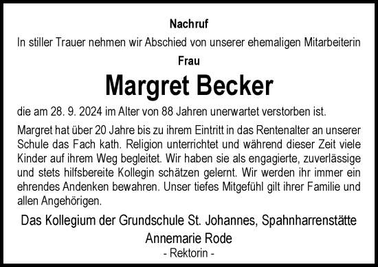 Traueranzeige von Margret Becker von Neue Osnabrücker Zeitung GmbH & Co. KG