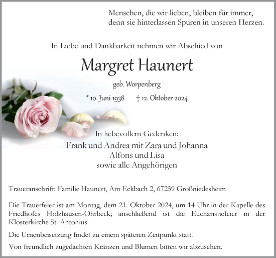 Traueranzeige von Margret Haunert von Neue Osnabrücker Zeitung GmbH & Co. KG