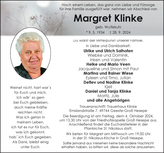 Traueranzeige von Margret Klinke von Neue Osnabrücker Zeitung GmbH & Co. KG