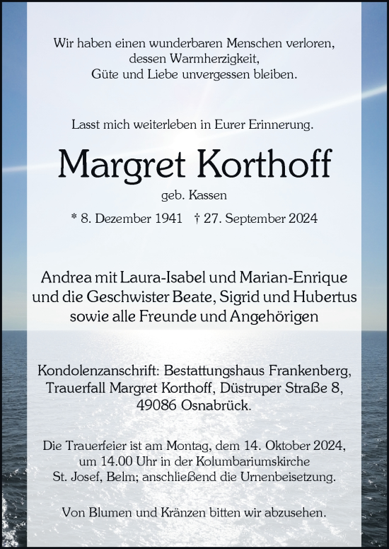 Traueranzeige von Margret Korthoff von Neue Osnabrücker Zeitung GmbH & Co. KG