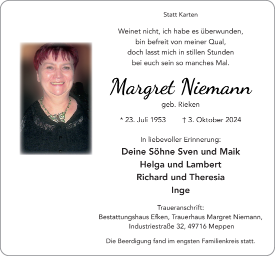 Traueranzeige von Margret Niemann von Neue Osnabrücker Zeitung GmbH & Co. KG