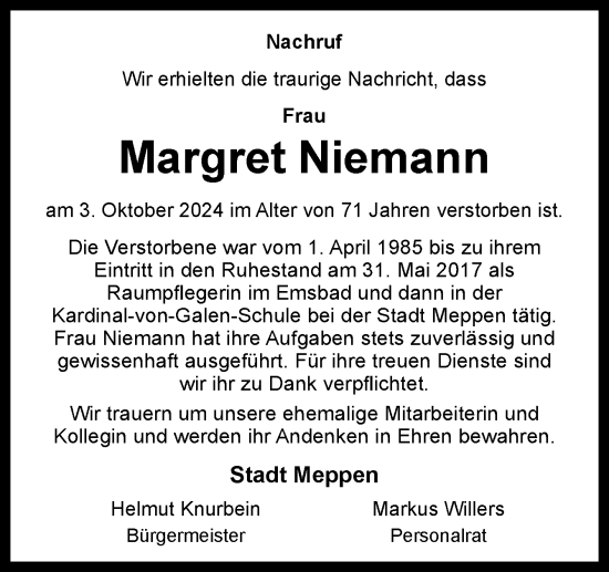 Traueranzeige von Margret Niemann von Neue Osnabrücker Zeitung GmbH & Co. KG