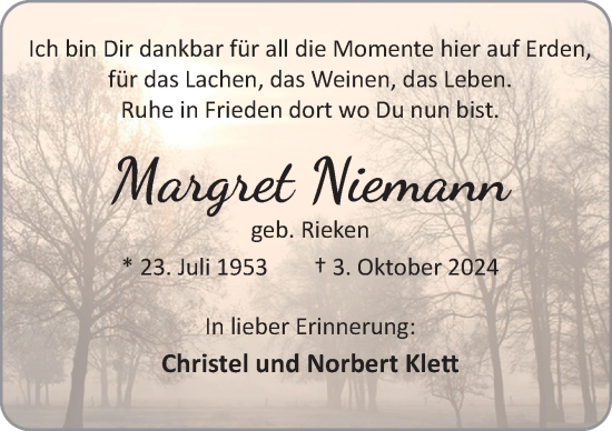 Traueranzeige von Margret Niemann von Neue Osnabrücker Zeitung GmbH & Co. KG