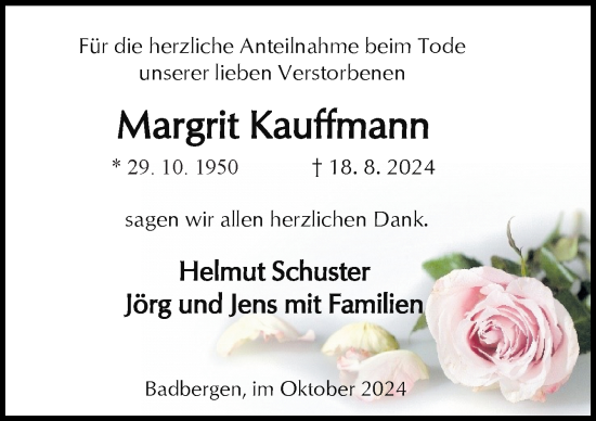 Traueranzeige von Margrit Kauffmann von Neue Osnabrücker Zeitung GmbH & Co. KG