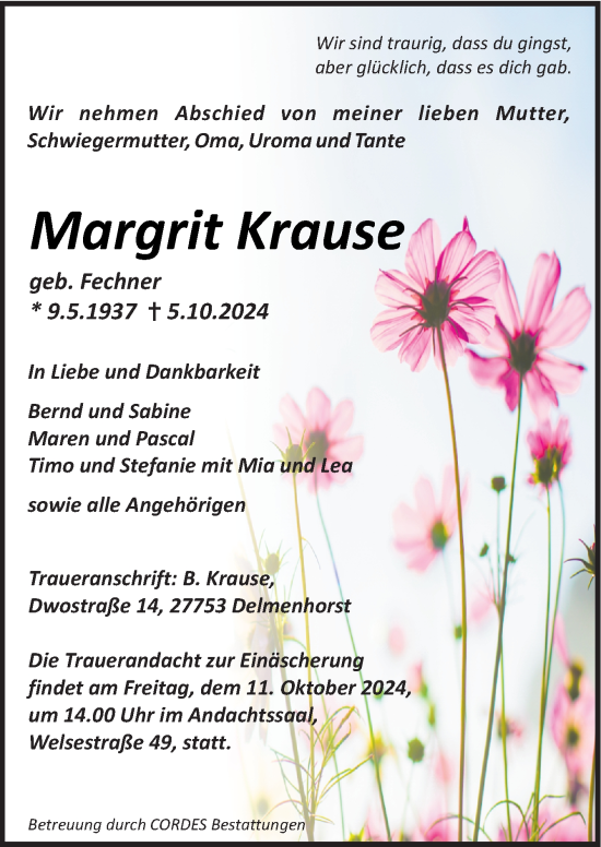 Traueranzeige von Margrit Krause von DK Medien GmbH & Co. KG