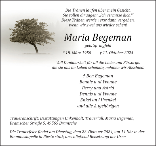 Traueranzeige von Maria Begeman von Neue Osnabrücker Zeitung GmbH & Co. KG