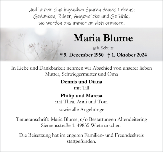 Traueranzeige von Maria Blume von Neue Osnabrücker Zeitung GmbH & Co. KG