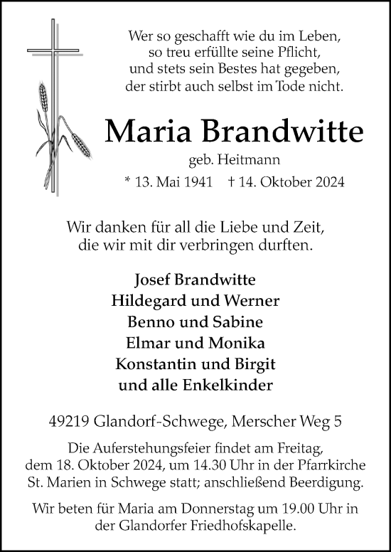 Traueranzeige von Maria Brandwitte von Neue Osnabrücker Zeitung GmbH & Co. KG