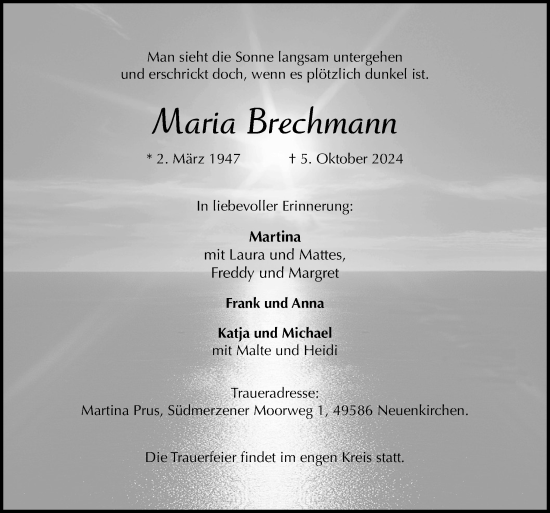 Traueranzeige von Maria Brechmann von Neue Osnabrücker Zeitung GmbH & Co. KG