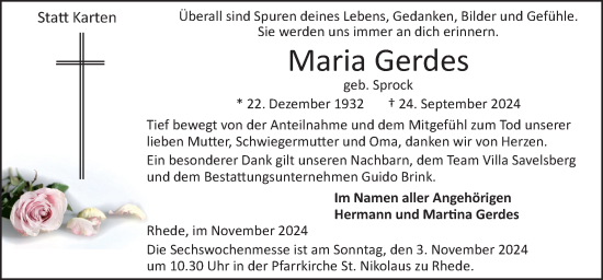 Traueranzeige von Maria Gerdes von Neue Osnabrücker Zeitung GmbH & Co. KG