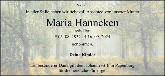 Traueranzeige von Maria Hanneken von Neue Osnabrücker Zeitung GmbH & Co. KG