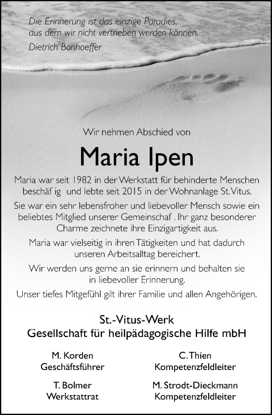 Traueranzeige von Maria Ipen von Neue Osnabrücker Zeitung GmbH & Co. KG