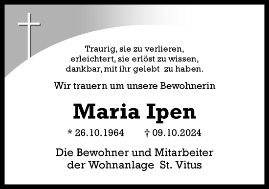 Traueranzeige von Maria Ipen von Neue Osnabrücker Zeitung GmbH & Co. KG