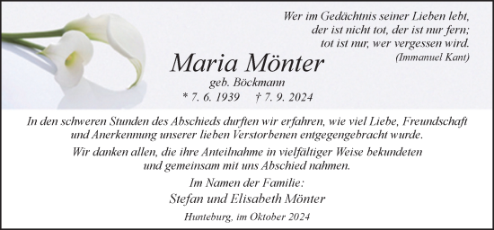 Traueranzeige von Maria Mönter von Neue Osnabrücker Zeitung GmbH & Co. KG