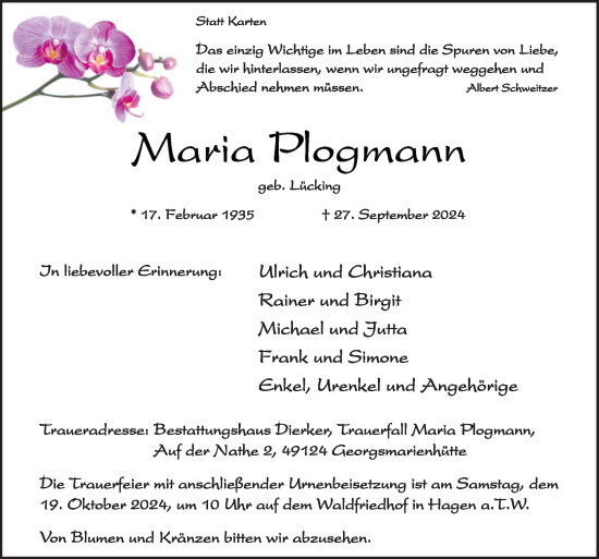 Traueranzeige von Maria Plogmann von Neue Osnabrücker Zeitung GmbH & Co. KG