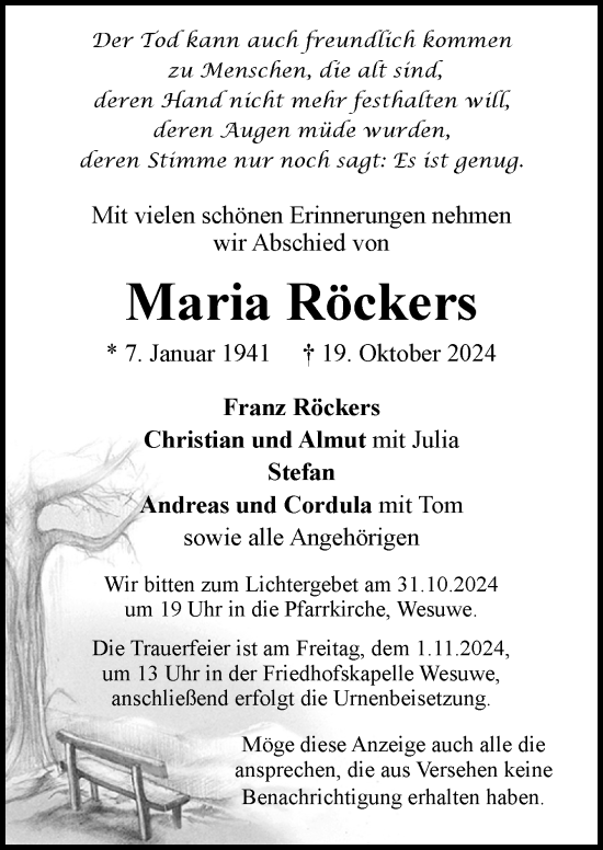 Traueranzeige von Maria Röckers von Neue Osnabrücker Zeitung GmbH &amp; Co. KG