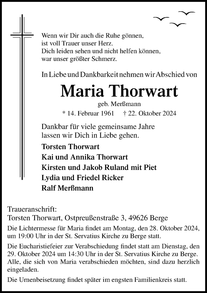  Traueranzeige für Maria Thorwart vom 25.10.2024 aus Neue Osnabrücker Zeitung GmbH & Co. KG