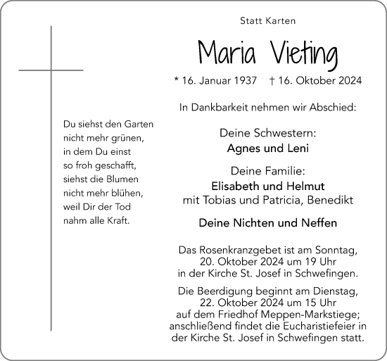 Traueranzeige von Maria Vieting von Neue Osnabrücker Zeitung GmbH & Co. KG