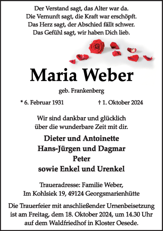 Traueranzeige von Maria Weber von Neue Osnabrücker Zeitung GmbH & Co. KG