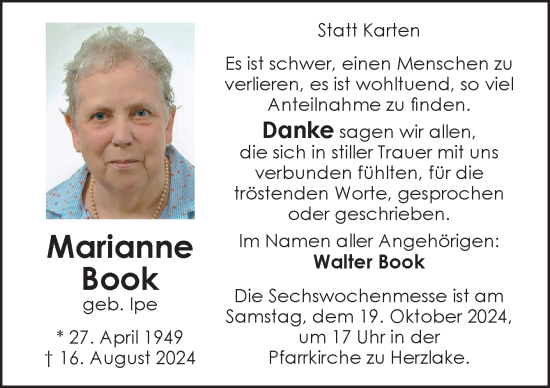 Traueranzeige von Marianne Book von Neue Osnabrücker Zeitung GmbH & Co. KG