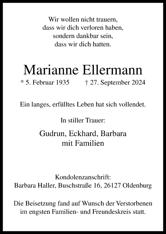 Traueranzeige von Marianne Ellermann von Neue Osnabrücker Zeitung GmbH & Co. KG