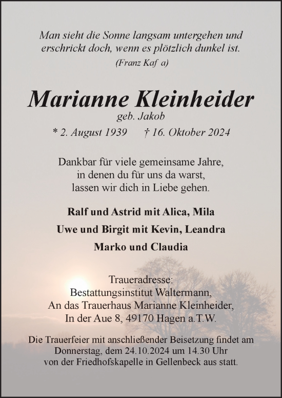 Traueranzeige von Marianne Kleinheider von Neue Osnabrücker Zeitung GmbH & Co. KG