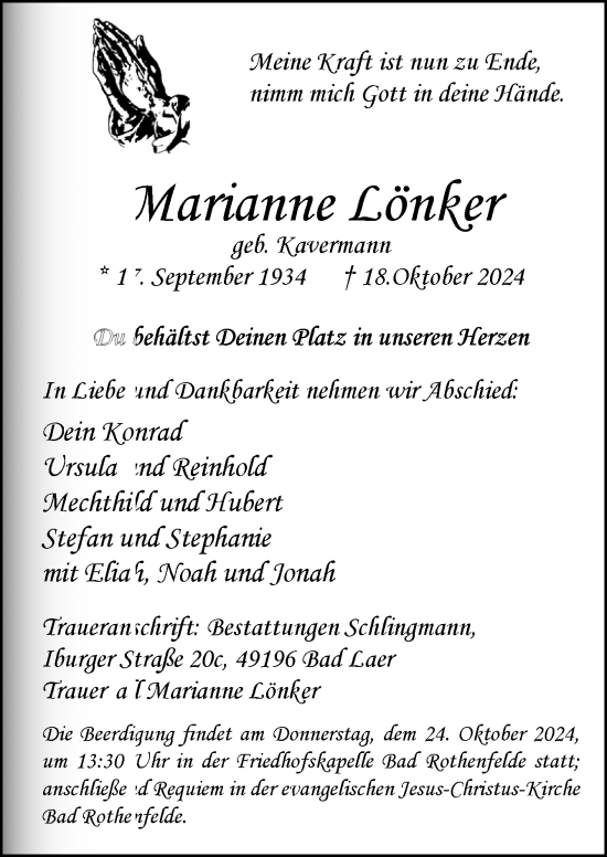 Traueranzeige von Marianne Lönker von Neue Osnabrücker Zeitung GmbH & Co. KG