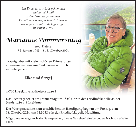 Traueranzeige von Marianne Pommerening von Neue Osnabrücker Zeitung GmbH & Co. KG