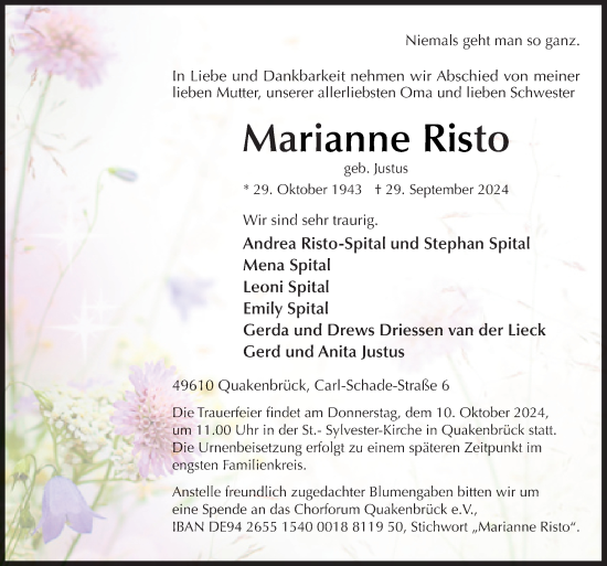 Traueranzeige von Marianne Risto von Neue Osnabrücker Zeitung GmbH & Co. KG