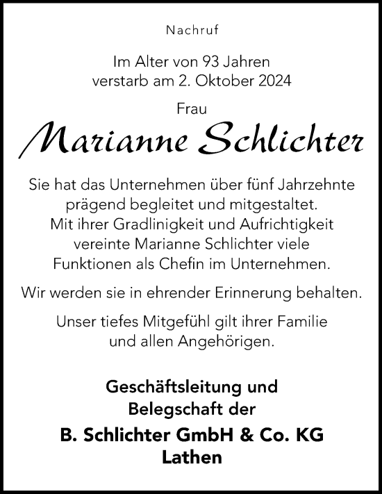 Traueranzeige von Marianne Schlichter von Neue Osnabrücker Zeitung GmbH & Co. KG