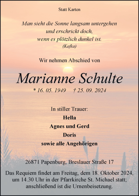 Traueranzeige von Marianne Schulte von Neue Osnabrücker Zeitung GmbH & Co. KG