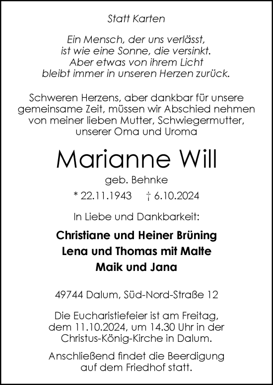 Traueranzeige von Marianne Will von Neue Osnabrücker Zeitung GmbH & Co. KG