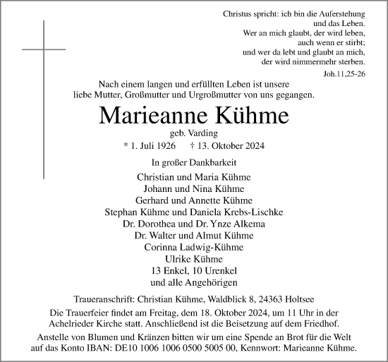 Traueranzeige von Marieanne Kühme von Neue Osnabrücker Zeitung GmbH & Co. KG