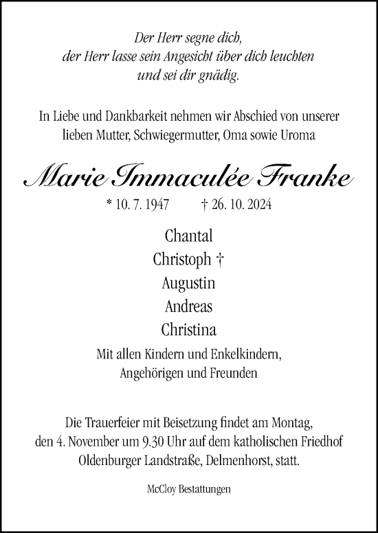 Traueranzeige von Marie Immaculée Franke von DK Medien GmbH & Co. KG