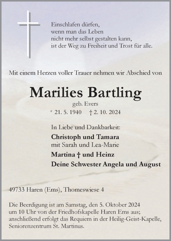 Traueranzeige von Marilies Bartling von Neue Osnabrücker Zeitung GmbH & Co. KG