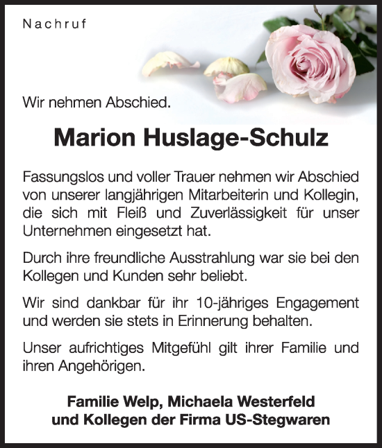 Traueranzeige von Marion Huslage-Schulz von Neue Osnabrücker Zeitung GmbH & Co. KG