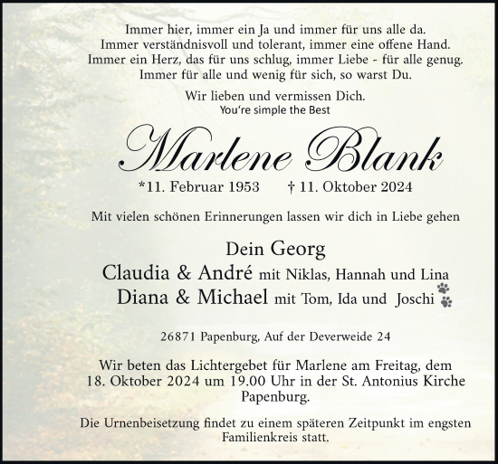 Traueranzeige von Marlene Blank von Neue Osnabrücker Zeitung GmbH & Co. KG