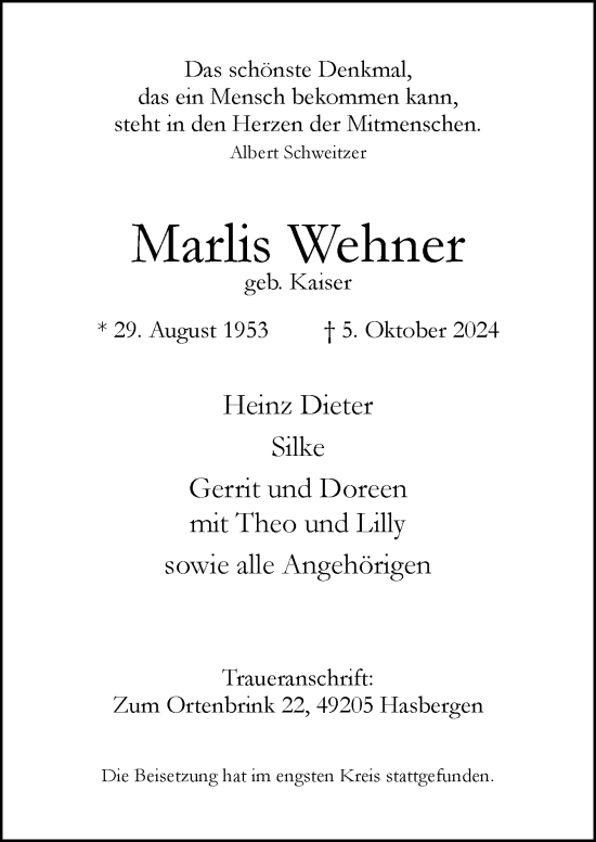 Traueranzeige von Marlis Wehner von Neue Osnabrücker Zeitung GmbH & Co. KG