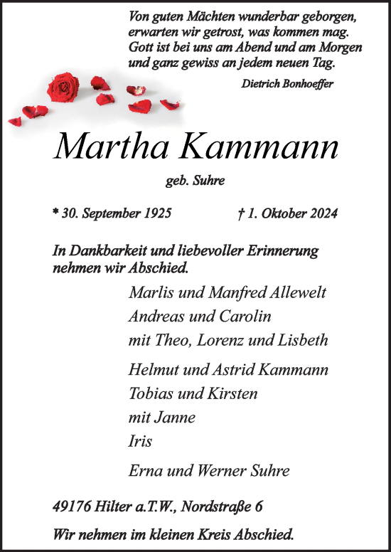 Traueranzeige von Martha Kammann von Neue Osnabrücker Zeitung GmbH & Co. KG