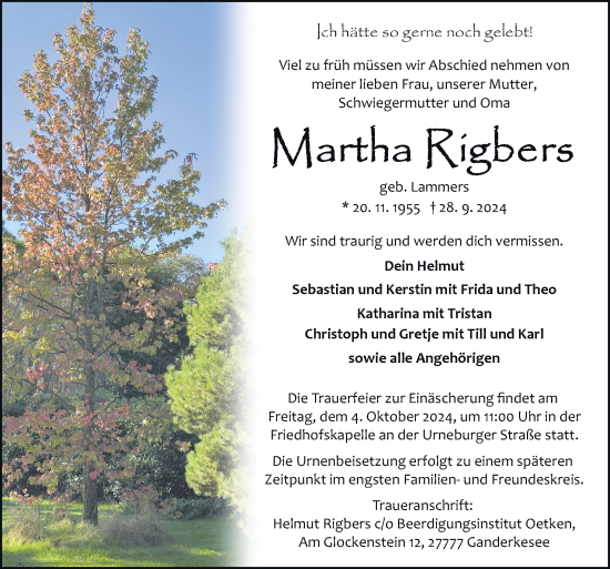 Traueranzeige von Martha Rigbers von DK Medien GmbH & Co. KG