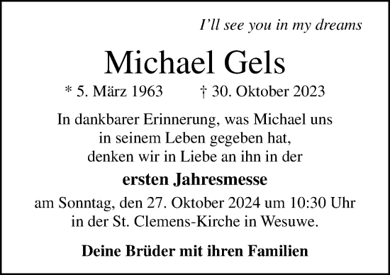 Traueranzeige von Michael Gels von Neue Osnabrücker Zeitung GmbH & Co. KG