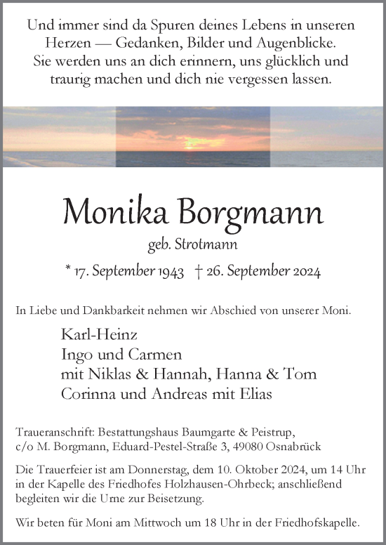 Traueranzeige von Monika Borgmann von Neue Osnabrücker Zeitung GmbH & Co. KG