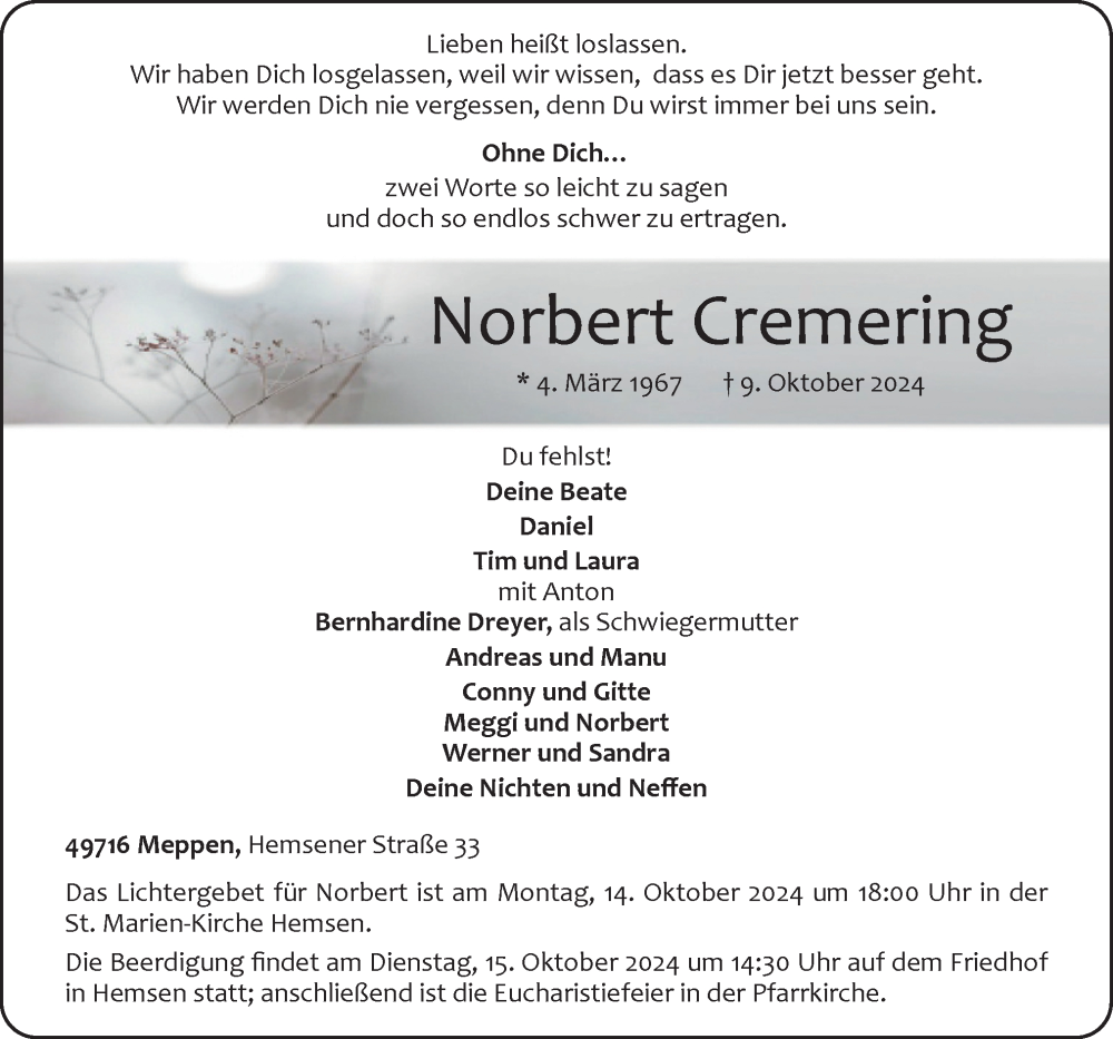  Traueranzeige für Norbert Cremering vom 12.10.2024 aus Neue Osnabrücker Zeitung GmbH & Co. KG